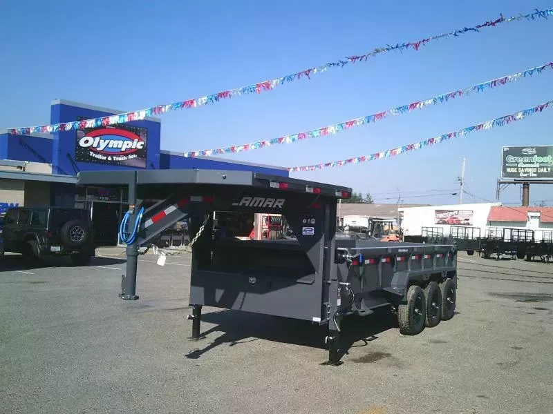 2026 Lamar 7x16 21K Gooseneck Dump Tarp Kit Ramps Spreader Gate 6" Cylinder 7 Gauge Floor