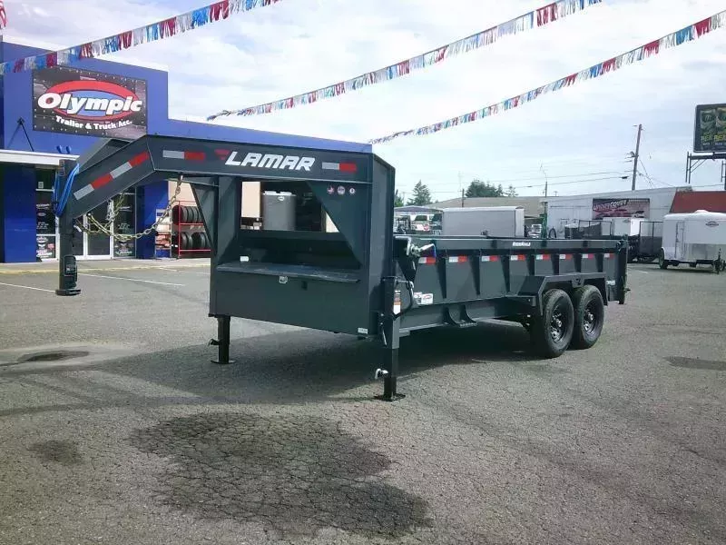 2026 Lamar 7x16 14K Gooseneck Dump Tarp Kit Ramps Spreader Gate 6" Cylinder 7 Ga Floor 3 Way Pump