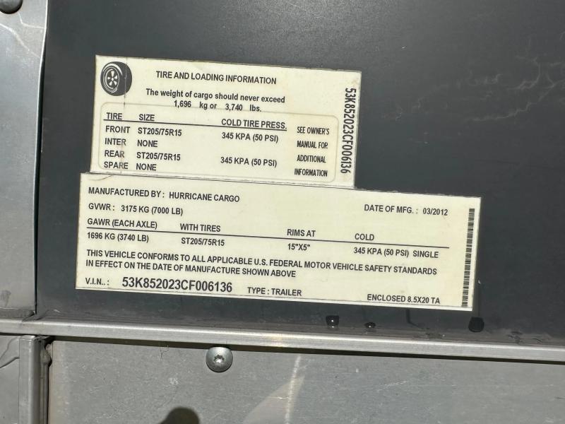 used Cargo (Enclosed) Trailers Hurricane Cargo Trailers  for sale, in North Charleston, SC Thumbnail 8