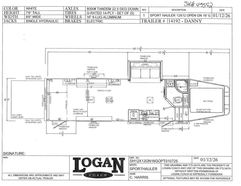 2026 Logan Coach SPORT HAULER 12X12 S/O OPEN FLOOR PLAN  16' GARAGE Toy Hauler
