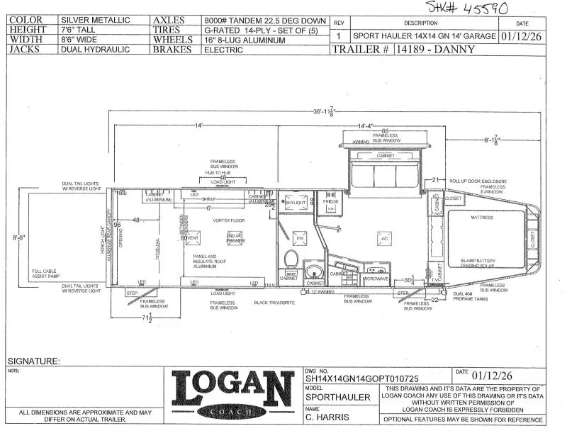 2026 Logan Coach SPORT HAULER 14X14 S/O W/ WALL  14' GARAGE Toy Hauler