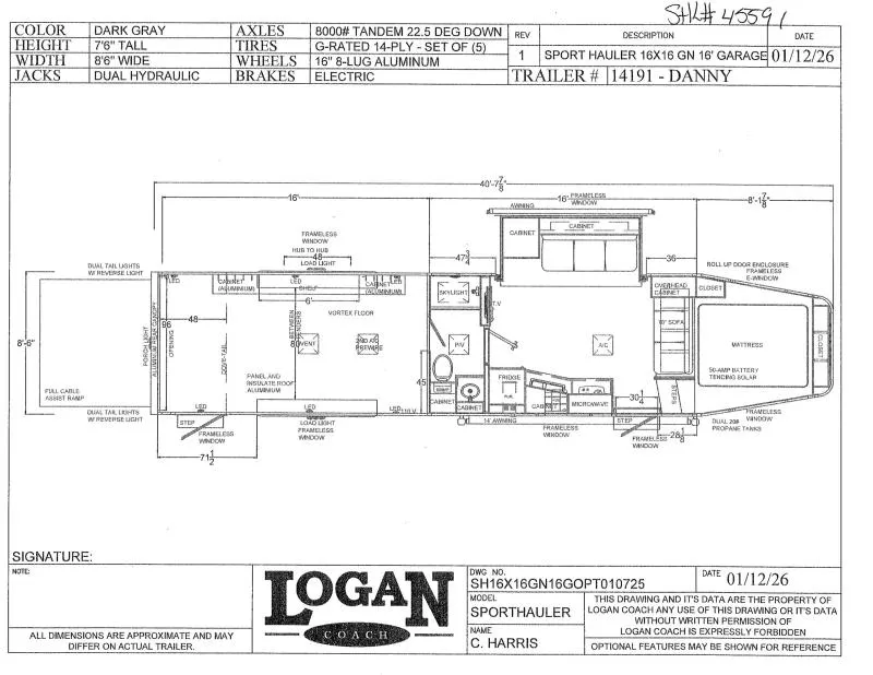 2026 Logan Coach SPORTS HAULER 16X16 S/O W/ WALL 16' GARAGE Toy Hauler
