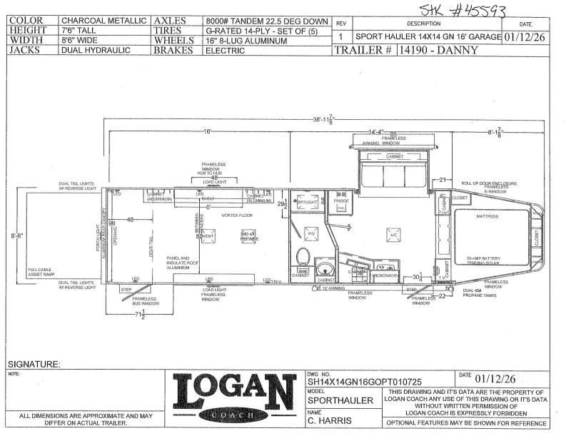 2026 Logan Coach SPORTS HAULER 14X14 S/O W/ WALL  16' GARAGE Toy Hauler