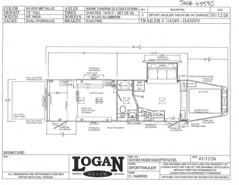 2026 Logan Coach SPORT HAULER 14X14 S/O W/ WALL  14' GARAGE Toy Hauler