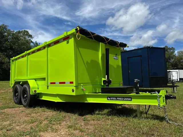 2026 STEEL PINES CARGO 7X16TA5 SLIME GREEN DUMP TRAILER UNDERSTORAGE RAMPS