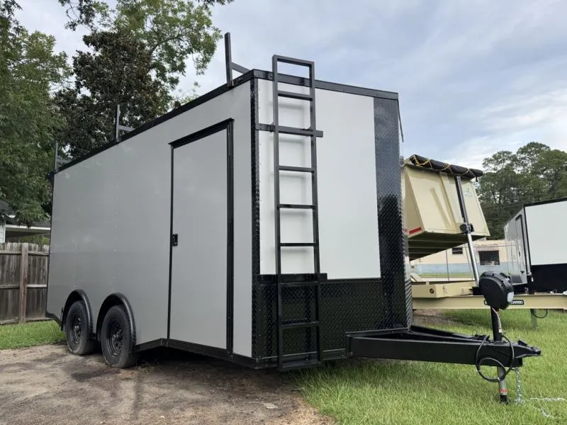 2026 STEEL PINES CARGO 8.5x16TA3 Silver Blackout Construction Series Trailer with Ladder Racks