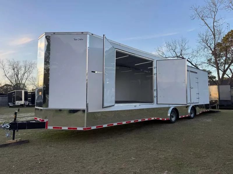 2026 STEEL PINES CARGO 8.5x36TA5 White Carhauler with Rear Spoiler