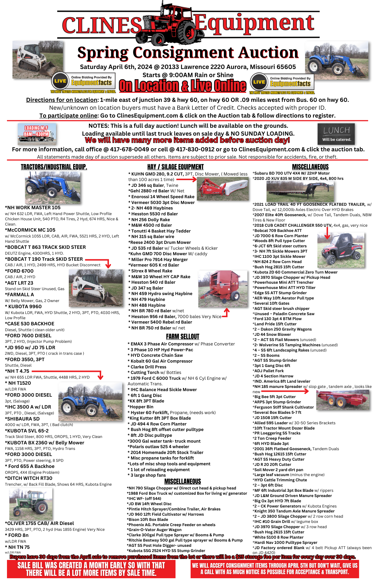 Huge farm auction sale in Missouri, flyer information. For sale: New Holland tractors, Bobcat, Kubota, KUHN, FORD, Cub Cadet, and more!