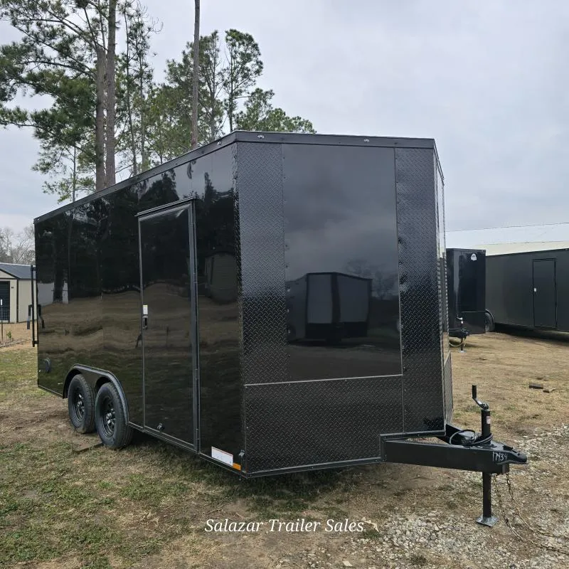 8.5x16X7 TANDEM BLACK BLACKOUT ENCLOSED CARGO CARHAULER TRAILER 