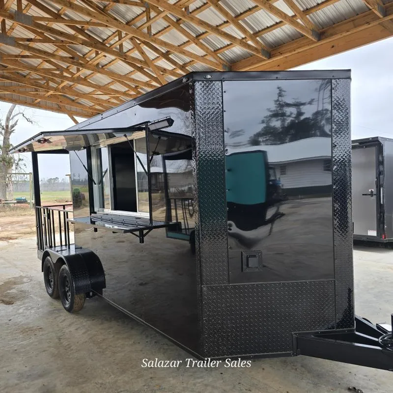 7X18X7  BLACK PORCH CONCESSION FOOD BBQ VENDING TRAILER