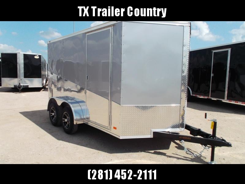 2023 Covered Wagon Trailers 7x12 Tandem Axle Motorcycle Trailer / Cargo Trailer / 6'6" Interior / Ramp / LEDs / Silver Semi-Screwless Skin /24" to 48" Slant Metal Package / D-Rings / Mags 2023 Covered Wagon Trailers 7x12 Tandem Axle Motorcycle Trailer / Cargo Trailer / 6'6" Interior / Ramp / LEDs / Silver Semi-Screwless Skin /24" to 48" Slant Metal Package / D-Rings / Mags