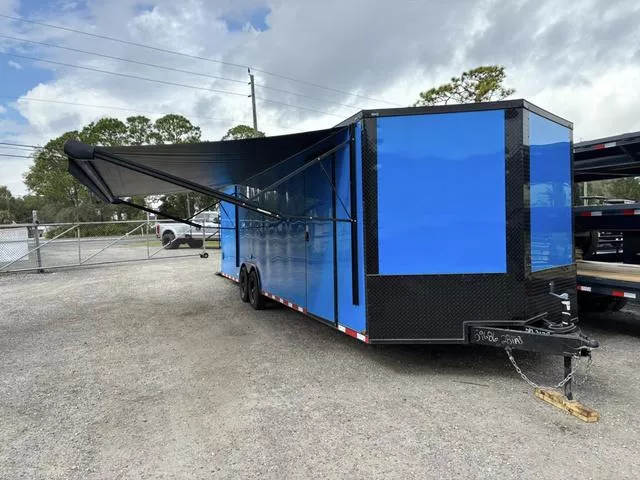 2026 Quality Cargo 8.5 x 28 Pepsi Blue Enclosed Trailer Car Hauler with Awning