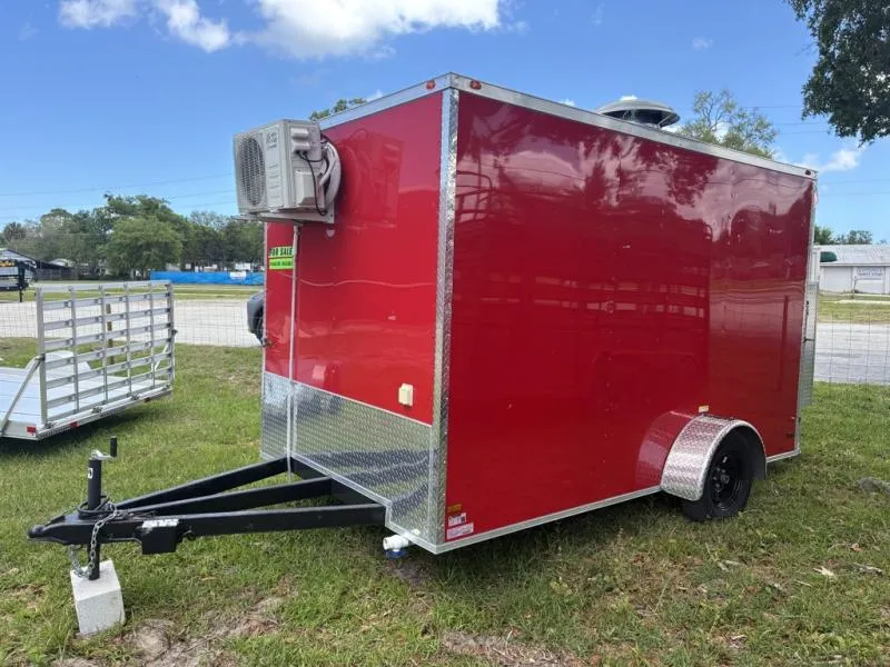 2025 Cargo United LLC 7 x 12 Red Enclosed Food Trailer with Pizza Ovens, AC & Propane Tank Holder