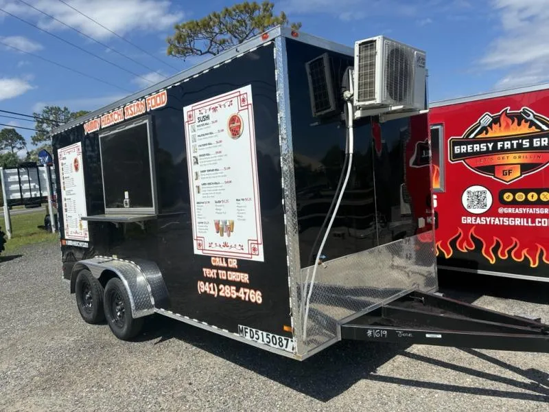 2025 All World Trailers LLC 7 X 16 Black Food Truck Tandem Axle with AC and Stocked Kitchen