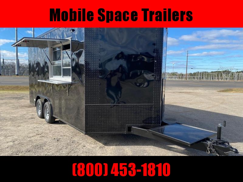 8.5x16 Black/Blackout Enclosed cargo 3x6 glass and sceen 3 Bay Sink Concession Vending Concession Trailer 8.5x16 Black/Blackout Enclosed cargo 3x6 glass and sceen 3 Bay Sink Concession Vending Concession Trailer