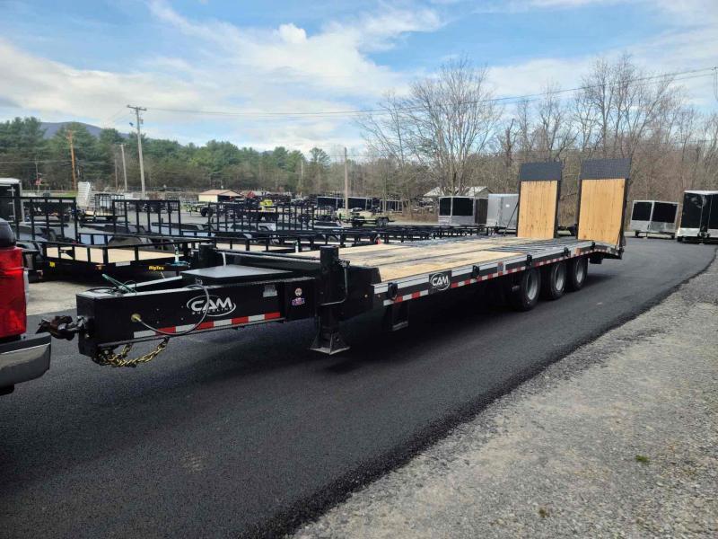 25 TON TRI AXLE 24' FLAT DECK + 7'6" DOUBLE BREAK B/T 40" X 80" AIR POWERED PAVER RAMPS / AIR LIFT AXLE AND DUAL HYDRAULIC JACKS B60cgy