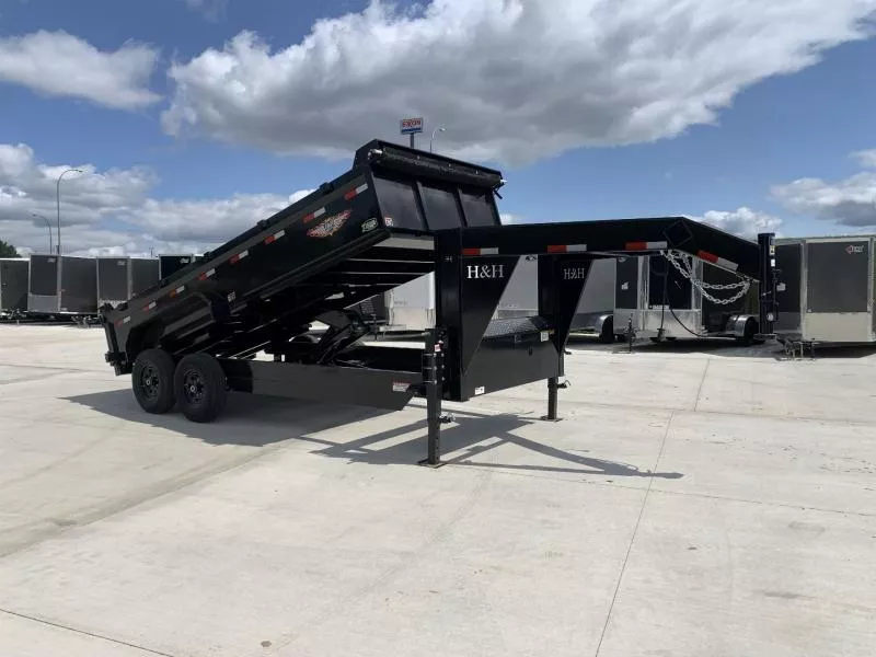 NEW 2025 H&H  83”x16 Gooseneck Dump Trailer 2-7000lb axles=14K with Easy Roll Up Tarp and RAMPS