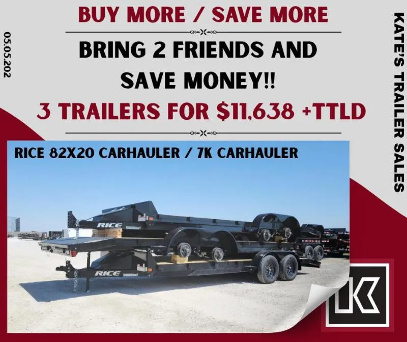 2026 Rice Trailers 7k Magnum Car Hauler 82X20' Flatbed Car Hauler Trailer w/ Toolbox
