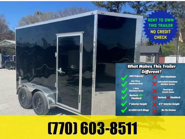 6x12 Enclosed Trailer 7 Foot Interior Height .080 Poly Skin One Piece Aluminum Roof 2 Way Side Vents, 4 D Rings W/ Side Door Barlock & Flushlock & Ramp 2025 