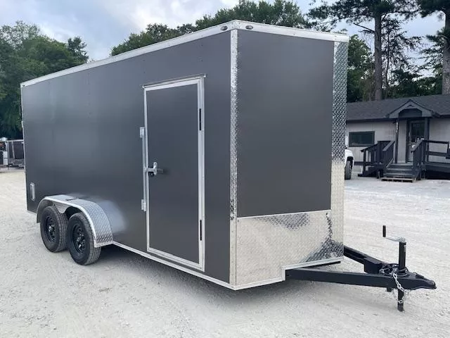 7x16 Enclosed Trailer 7 Foot Interior Height .080 Poly Skin One Piece Aluminum Roof 2 Way Side Vents, 4 D Rings W/ Side Door Barlock & Flushlock & Ramp 2025 