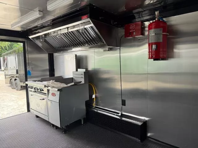 8.5X16 Food Trailer W/ Gas Lines & Hood Vent & Fire Suppression, 2 Burner, Griddle/ Oven Combo, & Deep Fryer, Triple Sink W/ Handwash 2025 Concession