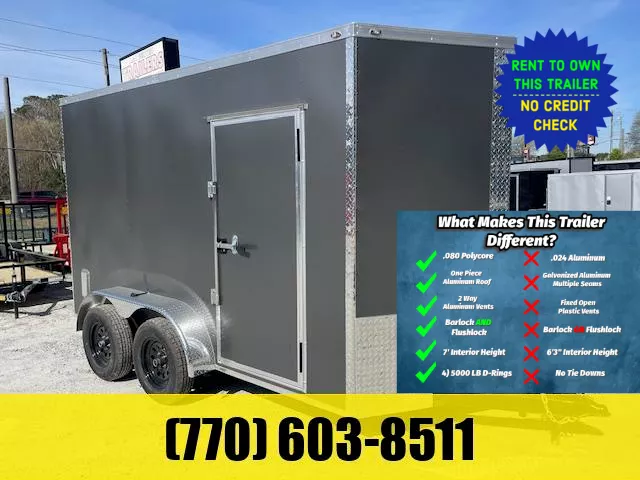 6x12 Enclosed Trailer 7 Foot Interior Height .080 Poly Skin One Piece Aluminum Roof 2 Way Side Vents, 4 D Rings W/ Side Door Barlock & Flushlock & Ramp 2025 