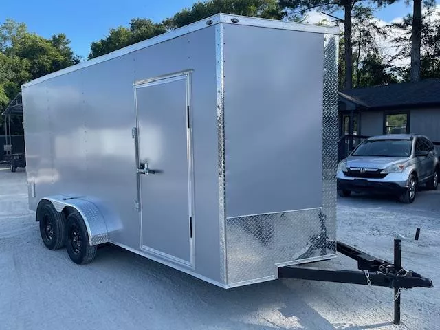 7x16 Enclosed Trailer 7 Foot Interior Height .080 Poly Skin One Piece Aluminum Roof 2 Way Side Vents, 4 D Rings W/ Side Door Barlock & Flushlock & Ramp 2025 