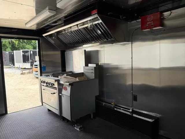 8.5X16 Food Trailer W/ Gas Lines & Hood Vent & Fire Suppression, 2 Burner, Griddle/ Oven Combo, & Deep Fryer, Triple Sink W/ Handwash 2025 Concession