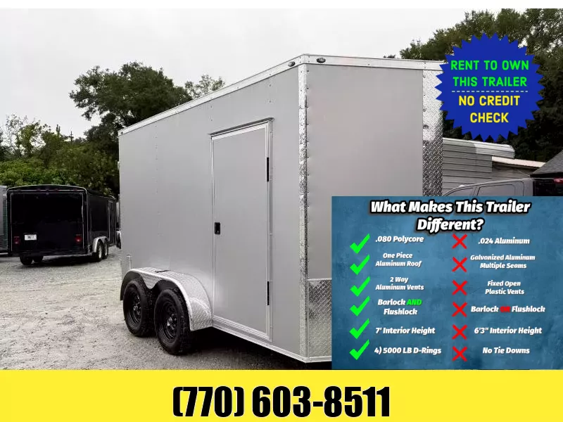 6x12 Enclosed Trailer 7 Foot Interior Height .080 Poly Skin One Piece Aluminum Roof 2 Way Side Vents, 4 D Rings W/ Side Door Barlock, Flushlock & Barn Door 2025