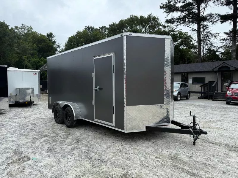 7x16 Enclosed Trailer 7 Foot Interior Height .080 Poly Skin One Piece Aluminum Roof 2 Way Side Vents, 4 D Rings W/ Side Door Barlock & Flushlock & Ramp 2026