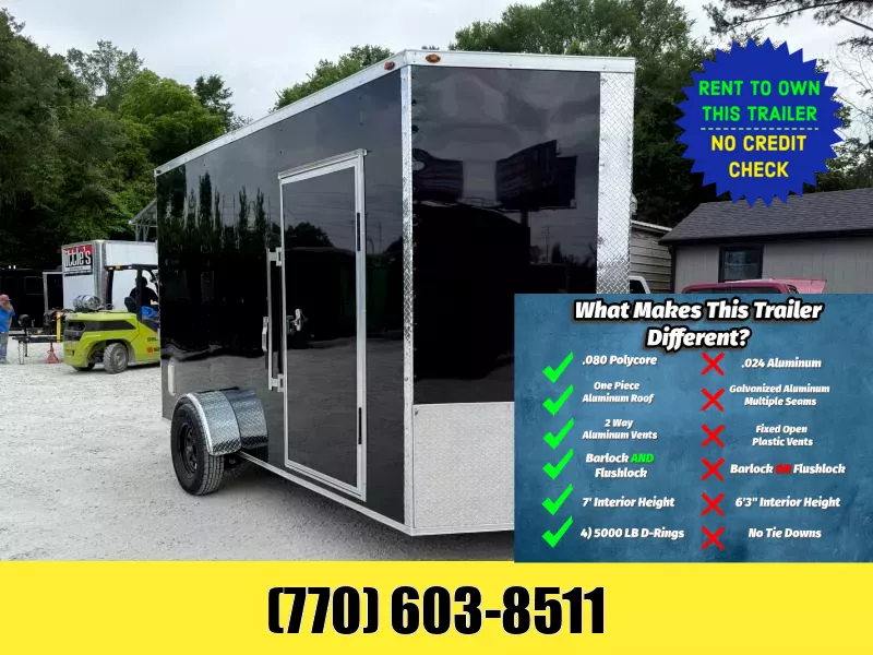 6x12 Enclosed Trailer 7 Foot Interior Height .080 Poly Skin One Piece Aluminum Roof 2 Way Side Vents, 4 D Rings W/ Side Door Barlock & Flushlock & Ramp 2025