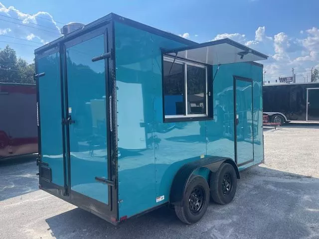 7x14 Food Trailer Triple Sink W/ Handwash, Hood Vent, Finished Interior W/ Air Conditioning and Serving Window W/ Glass & Screen 2025 Quality Cargo Concession