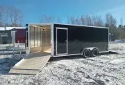 2026 E-Z Hauler 7.5x18 Aluminum 3-Place Drive In/Out Snowmobile Trailer w/Spring Assist Ramps, Slide