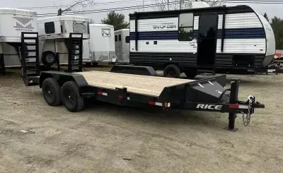 2026 Rice 7x18 10K Powder Coated Equipment Trailer w/Stand-Up Ramps, Toolbox, Spare Tire Mount