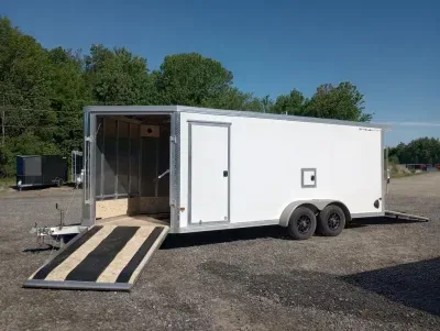 2026 Stealth 7x18 Aluminum 3-Place Drive In/Out Snowmobile Trailer w/Mats & Guides, Extra Height,