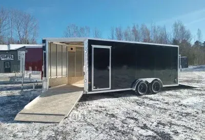 2026 E-Z Hauler 7.5x18 Aluminum 3-Place Drive In/Out Snowmobile Trailer w/Spring Assist Ramps, Sl