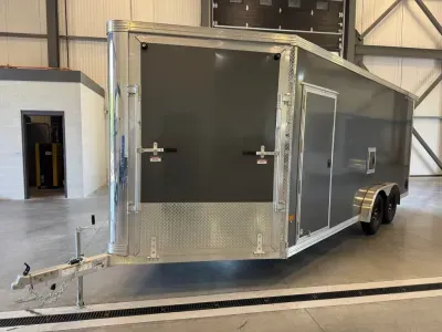 2027 Stealth 7.5x18+4.5 Aluminum 3-Place Enclosed Snowmobile Trailer w/Extra Height, Fuel Door, Mats